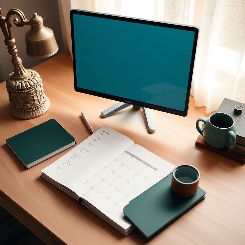Flat-lay nástrojů pro správu obsahu na pracovním stole