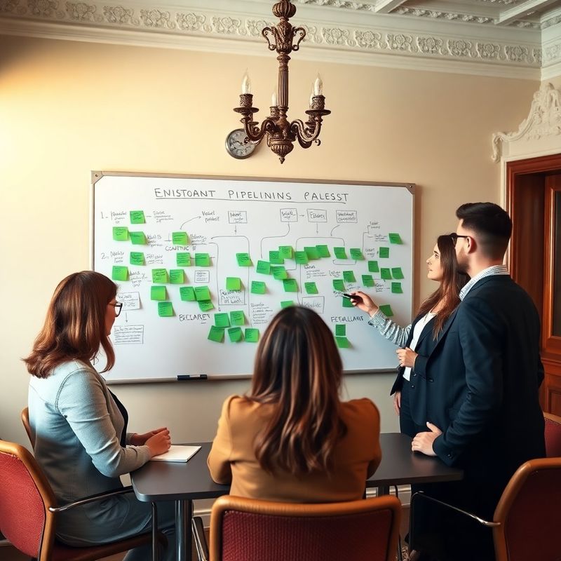 Tým u tabule s diagramy redakčního pipelineu